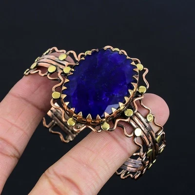 Brazalete ajustable de cobre con piedras preciosas hechas a mano de zafiro azul joyería creada en laboratorio Foto 1 de 4