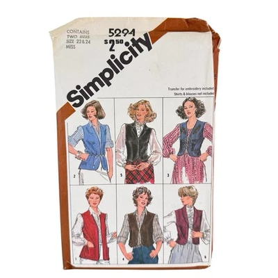 Simplicity 5294 Sewing Pattern Vests Lined Unlined Western Misses Sz 22 24 UNCUT - Image 1 of 4