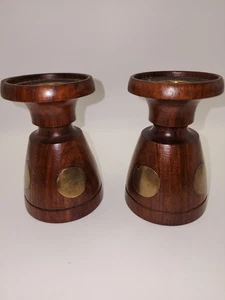 Lenox Vintage MCM Turned Wood With Solid Brass Inlay Taper Candle Holders - Picture 1 of 14