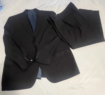 Lands End мужской 2PC костюм 48 черный/синий окно шерсти куртка брюки 42 офис винтажный - Изображение 1 из 4