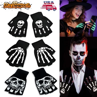 Guantes Halloween Esqueleto Sin Dedos Brillan en la Oscuridad Calavera Medio Dedo Tejido EE. UU. Foto 1 de 4