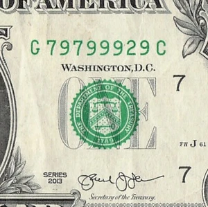 Five of a Kind 9s Trinary 2s 7s Fancy Serial Number One Dollar Bill G79799929C - Picture 1 of 11