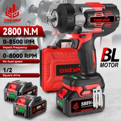 ONEVAN 2800Nm 18V Cordless Impact Wrench Gun 1/2'' High Torque Drill W/2xBattery & Case