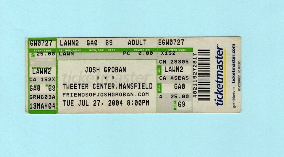 Josh Groban 2004 Unused Concert Ticket Mansfield, Closer Tour - Image 1 of 1