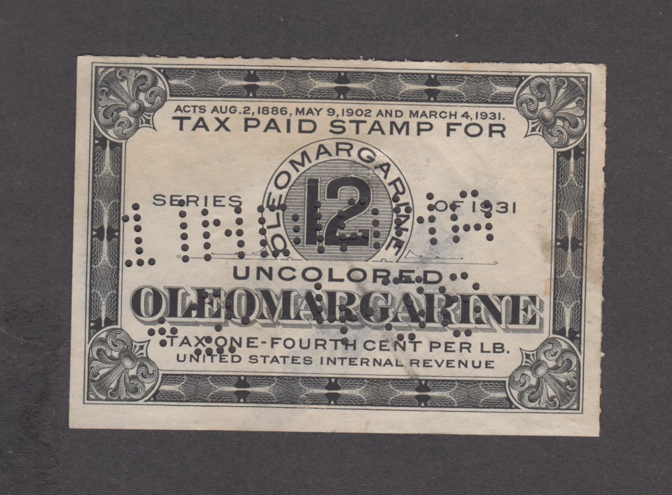 US  OLEO  MARGARINE #12 TAX  REVENUE STAMP 1931  FVF H1833 E - Image 1 of 1