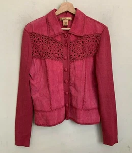Suede Essentials Jacket Pink Leather Suede Crochet Design Buttons Knit Size S - Picture 1 of 8