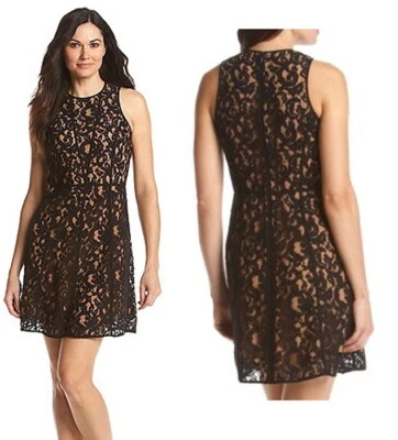 NWT $175 MICHAEL KORS Paisley Lace Overlay A-line Dress Black 12 - Image 1 of 4