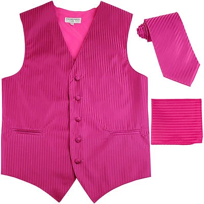 New Men's Formal Vest Tuxedo Waistcoat_necktie set stripes wedding prom hot pink - Image 1 of 4