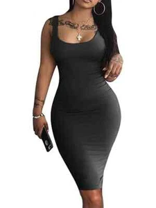 Women's Sexy Bodycon Tank Dress Sleeveless Basic Midi Club Dresses - Picture 1 of 23