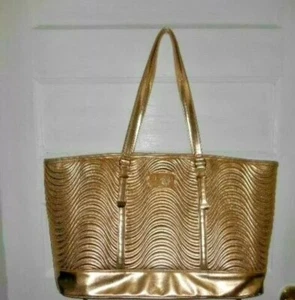 Versace Parfums Gold Ribbed Magnetic Clasp Weekender Travel Tote Large Bag VGUC - Picture 1 of 6