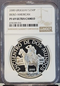 2000 URUGUAY SILVER 250 PESOS IBERO AMERICAN NGC PF 69 ULTRA CAMEO SCARCE COIN - Picture 1 of 3