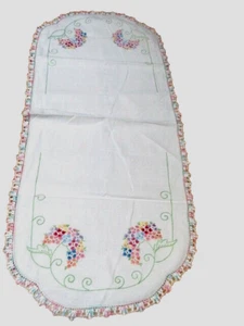 Vintage Embroidered White Runner Multi Color Flowers Crochet Edge 42”x18” - Picture 1 of 5