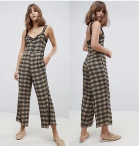 Faithfull The Brand Womens Cancun Olive Green Plaid Wide-Leg Jumpsuit Size 2 - Picture 1 of 10