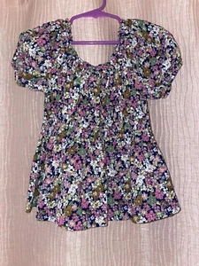 Girls Thereabout Navy Floral Square Neck Blouse Size S 7/8 - Picture 1 of 5