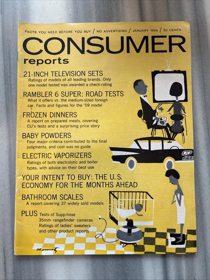 1959 January CONSUMER REPORTS Magazine, 21-Inch TV Sets, Rambler 6 Super (MH276) - Imagem 1 de 2