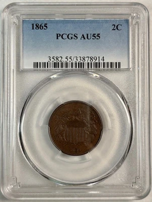 1865 P Two cent piece PCGS AU-55 BN Brown - Image 1 of 2