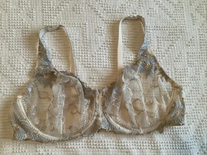Lunaire Bra 48C Seville Sheer Mesh Blue Beige Stitched Floral Underwire - Picture 1 of 8