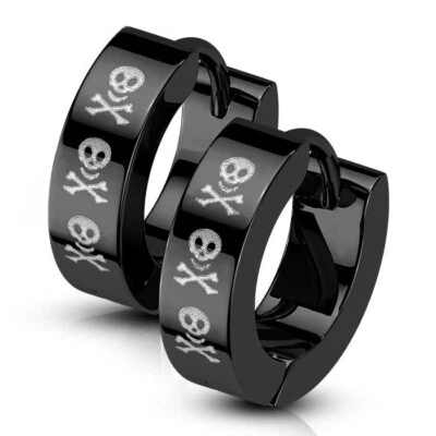 Pendientes de aro Huggie negros de acero inoxidable con calavera y huesos cruzados para hombre o mujer Foto 1 de 2