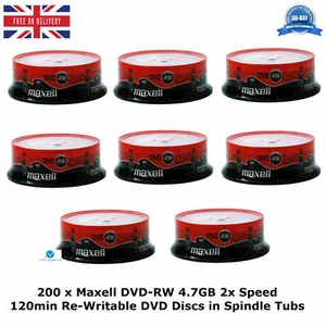 200 x Maxell DVD-RW 4.7GB 2x Speed 120min Re-Writable DVD Discs in Spindle Packs - Picture 1 of 12
