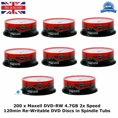200 x Maxell DVD-RW 4.7GB 2x Speed 120min Re-Writable DVD Discs in Spindle Packs - Image 1 of 4