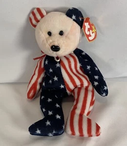 TY Beanie Baby Spangle The Bear 1999 rosa Gesichtsetiketten Fehler rot weiß blau Sterne - Bild 1 von 4