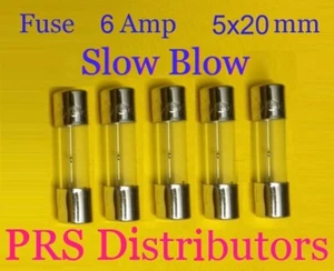Fuse 6A 250V 5X20mm SLOW BLOW Glass Fuse 6 Amp 250 Volt 5 pieces USA SELLER - Picture 1 of 3