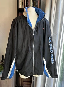 US POLO ASSN Mens XL Black Blue White Hooded Windbreaker Jacket Full Zip - Picture 1 of 14