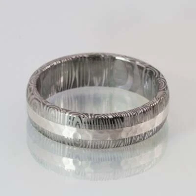 New 6mm Wide Damascus Steel Ring with Solid Silver Inlay - Image 1 of 4