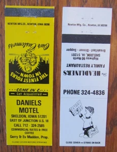 SHELDON, IOWA MATCHBOOK COVERS: DANIELS MOTEL & HEADLINERS EMPTY MATCHCOVERS -A - Picture 1 of 1