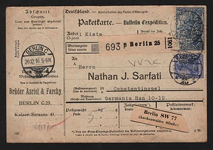 OPC 1916 Germany to turkey Packet Card Mi#87 95A II Perfin BA/F - Bild 1 von 2