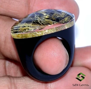 Natural Rutile Quartz And Black Onyx Fancy Ring 33x30 mm Gemstones Jewelry - Picture 1 of 8