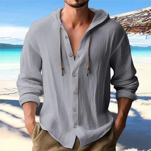 New men's hooded T-shirt solid color cotton linen men's casual long sleeved top - Picture 1 of 28
