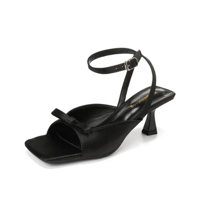 Sandália Feminina Francesa Biqueira Quadrada Fivela Verão Peep Toe Cetim Salto Alto Stiletto - Imagem 1 de 4