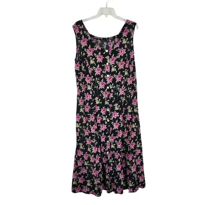90s Black Floral Button up Cottagecore Midi Sundress Sleeveless 1X-2X Grunge - Image 1 of 4
