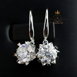 Solid 14K White Gold Moissanite Drop/Dangle Earrings 2 CT Round Cut Gift For Her - Picture 1 of 8