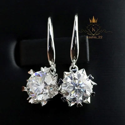Solid 14K White Gold Moissanite Drop/Dangle Earrings 2 CT Round Cut Gift For Her - Image 1 of 4