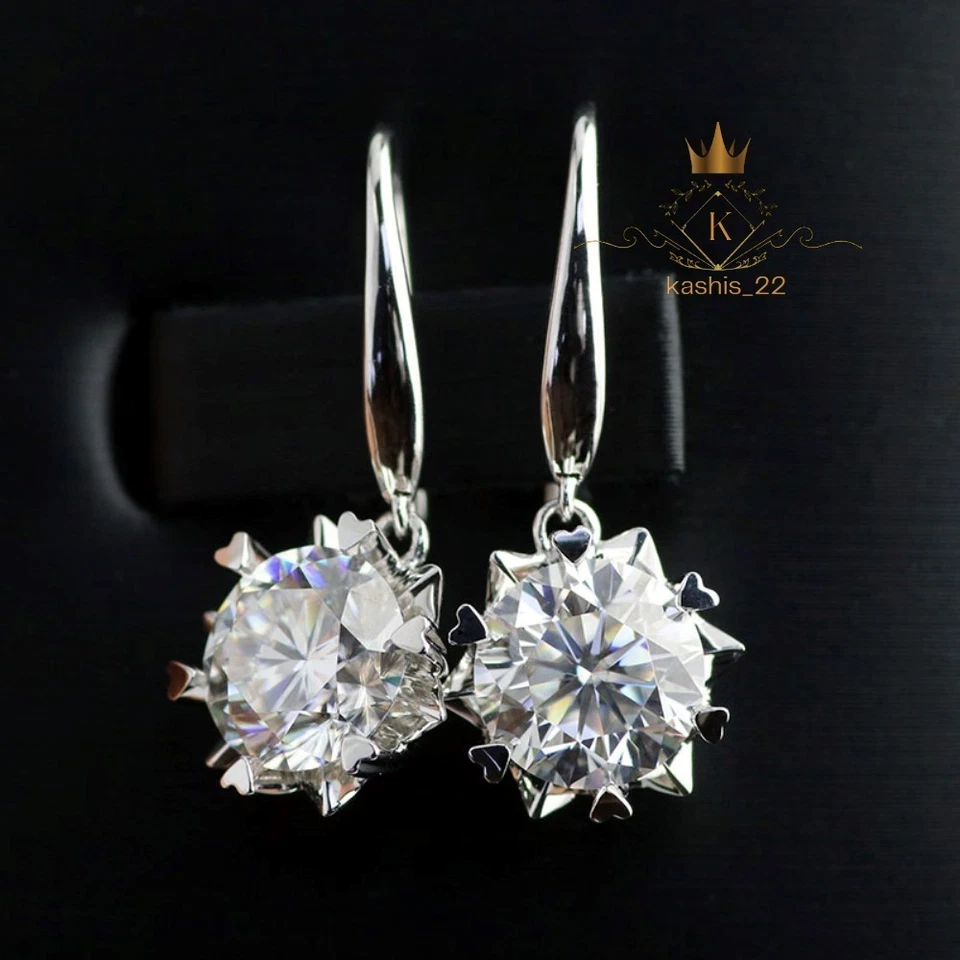 Solid 14K White Gold Moissanite Drop/Dangle Earrings 2 CT Round Cut Gift For Her - Image 1 of 4