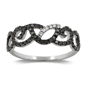 18K White Gold Black & White Diamond Swirl Band Ring Fine Luxury Jewelry Gift - Picture 1 of 6