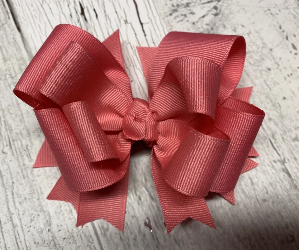 Coral Rose Stacked Hair Bow Homemade Girl Clip Toddler Pink Bow - Image 1 of 1