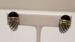 David Yurman Sterling Silver Yellow Gold Black Onyx Shrimp Earrings - Picture 1 of 9