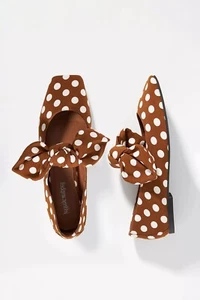 NEW JEFFREY CAMPBELL Sz 7.5 PRINTED BOW FLATS BROWN POLKA DOT - Picture 1 of 4