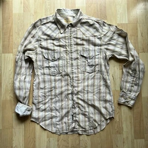 Men Guess Western Shirt M Gray Yellow Stripe L/S Cotton Snaps Rodeo Rockabilly - Picture 1 of 9