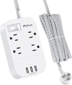Power Strip 10Ft Extension Cord with Flat Plug 4 Outlets 3 USB Ports - Picture 1 of 7