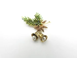 Broche Colgante Doble Campana Marrón Verde Esmalte Pino Blanco Imitación Perla De Colección - Imagen 1 de 4