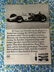 Vintage 1970 Auto lite Spark Plugs Print Ad Al Unser Indy 500 - Picture 1 of 7