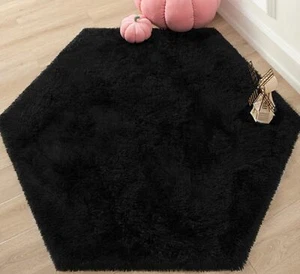 Black Hexagon Rug 4.6X4 Feet Fluffy Area for Kids Room Bedroom Living Home Decor - Picture 1 of 6