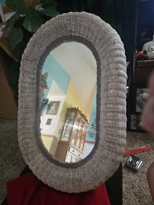 White Wicker Oval Wall Mirror Accent Mirror Vintage Boho Cottage 30"x 24"  - Picture 1 of 11