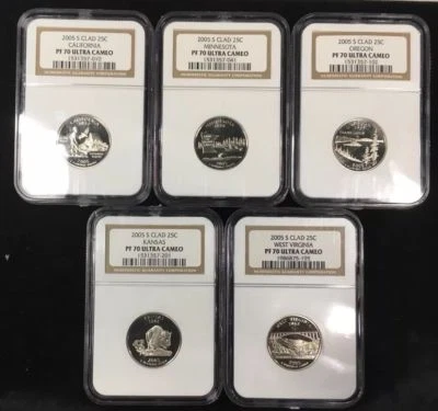 2005-S PROOF STATE QUARTER SET - ALL NGC PF70 PR70 ULTRA CAMEO - CA MN OR KS WV - Image 1 of 2