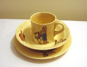 Vintage Crooksville China Ivo Glo Childs 3 Pc Set Cup Bowl Plate Animal Pattern - Imagen 1 de 1