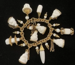 RARE 1950'S NAPIER ASIAN White Milk Glass BUDDHA 17 Charm Bracelet & Earrings - Picture 1 of 17